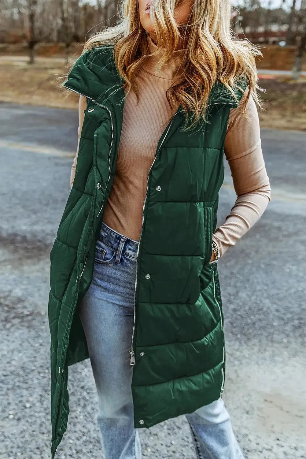 Green Hooded Long Quilted Vest Coat - Fashionfitz