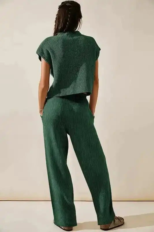Green Knitted V Neck Sweater and Casual Pants Set - Fashionfitz