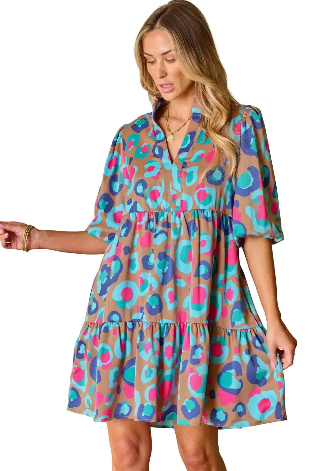 Green Leopard Print Bubble Sleeve Slit Neck Ruffled Dress - Fashionfitz