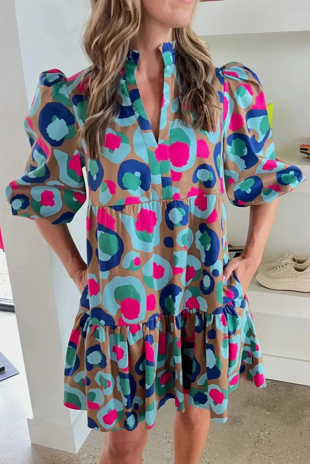 Green Leopard Print Bubble Sleeve Slit Neck Ruffled Dress - Fashionfitz