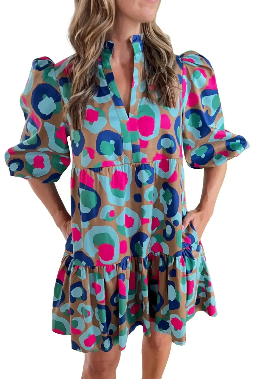Green Leopard Print Bubble Sleeve Slit Neck Ruffled Dress - Fashionfitz