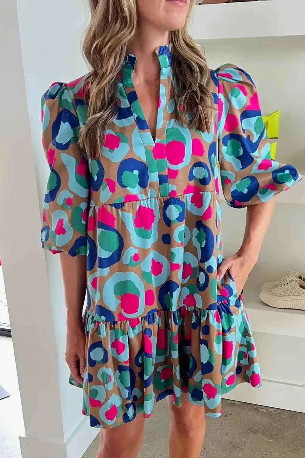 Green Leopard Print Bubble Sleeve Slit Neck Ruffled Dress - Fashionfitz