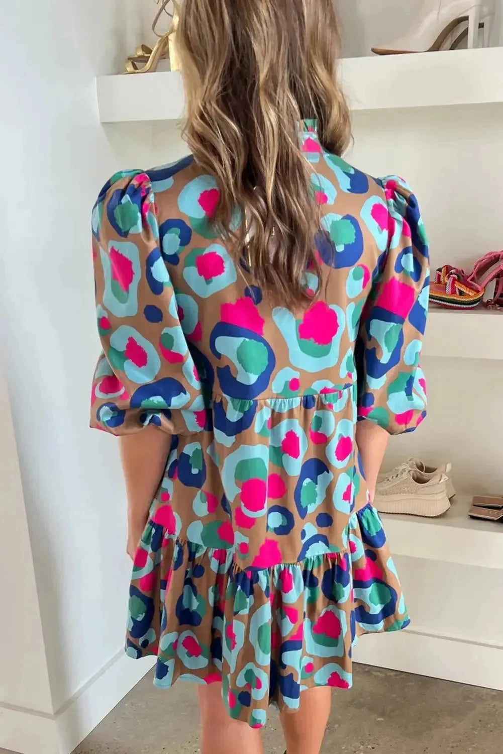 Green Leopard Print Bubble Sleeve Slit Neck Ruffled Dress - Fashionfitz
