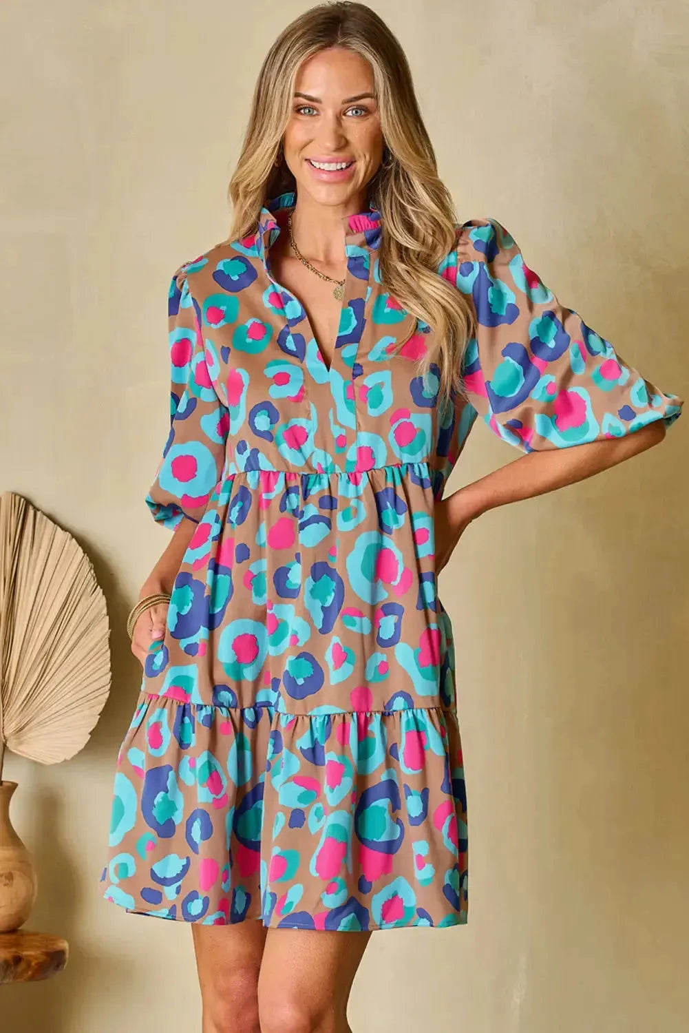 Green Leopard Print Bubble Sleeve Slit Neck Ruffled Dress - Fashionfitz