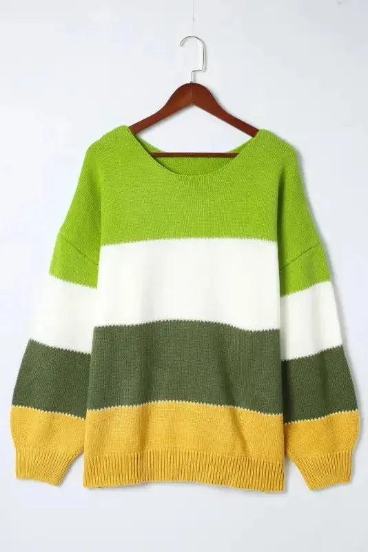 Green Plus Size Color Block Patchwork Sweater - Fashionfitz