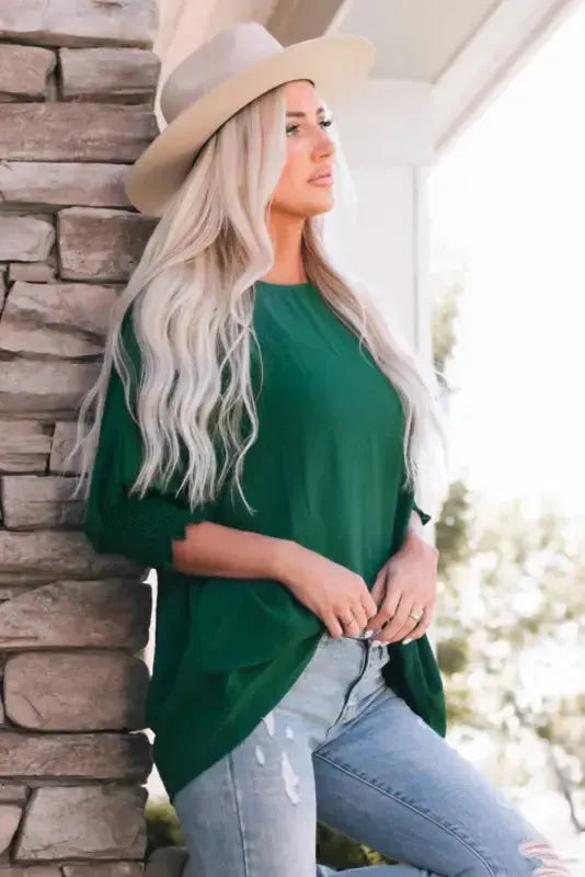 Green Smocked Wrist Shift Top - Fashionfitz