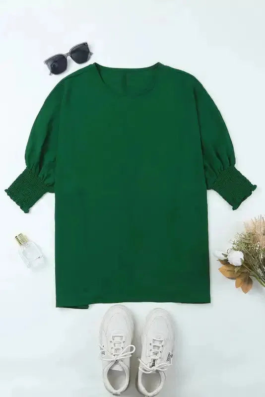 Green Smocked Wrist Shift Top - Fashionfitz