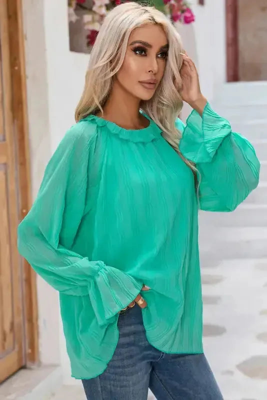 Green Striking Pleated Flared Cuff Long Sleeve Blouse - Fashionfitz