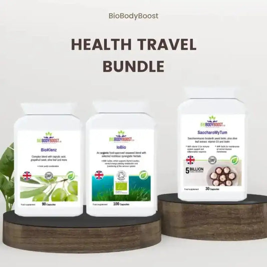 Health Travel Supplements Bundle - Boost Immunity & Wellness with BioKlenz, Iobio, and SaccharomyTum food supplements for digestion and immune support.