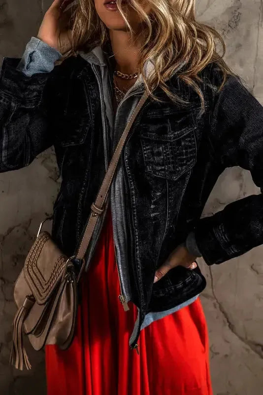 Hooded Zip-Up Denim Jacket - Fake Two-Piece - Fashionfitz