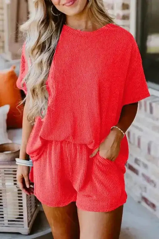 Ice Blue Outfit - Tee and Shorts Set Ribbed Loose Fit - Fashionfitz