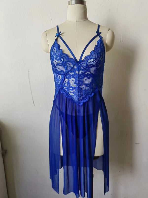 Royal blue Floral Lace Bow See Through Chemise on mannequin featuring sheer mesh and lace bodice, ideal for stylish nightwear from FashionFitz.