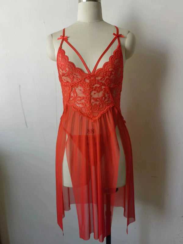 Orange-red Floral Lace Bow See Through Chemise on mannequin with lace bodice and flowing mesh skirt, a vibrant lingerie choice from FashionFitz.