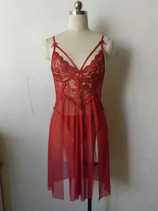 Red Floral Lace Bow See Through Chemise displayed on mannequin with delicate lace and mesh design, a bold lingerie piece from FashionFitz.