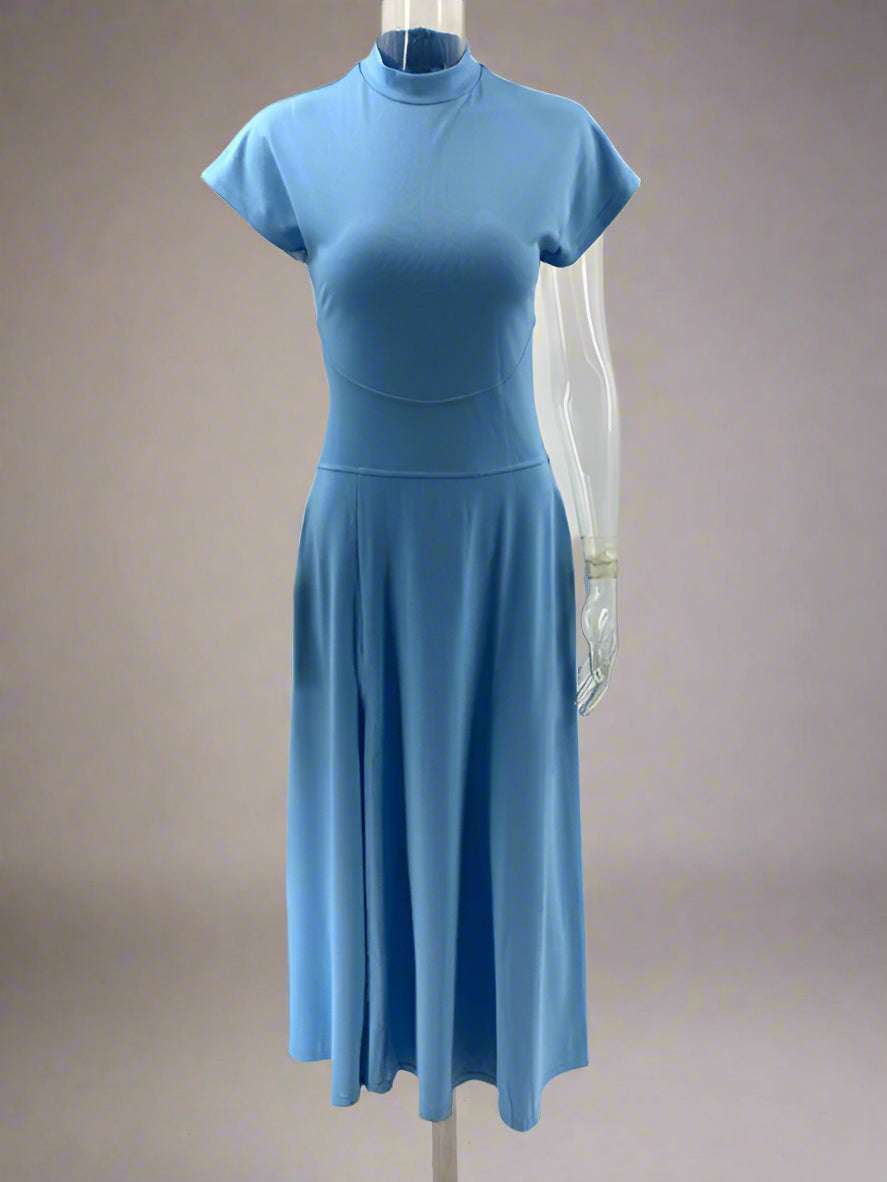 Blue dress on a mannequin against a white background