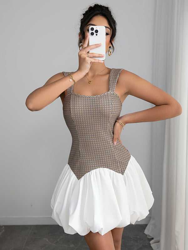 FashionFitz Houndstooth Slim Bubble Dress with sleeveless cut and flared white hem, perfect for daily wear or special occasions in all seasons.