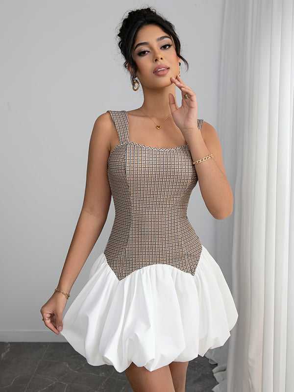 Houndstooth Slim Bubble Dress – Sleeveless Chic from FashionFitz, featuring a fitted plaid bodice and voluminous white bubble skirt. Ideal for office or events.