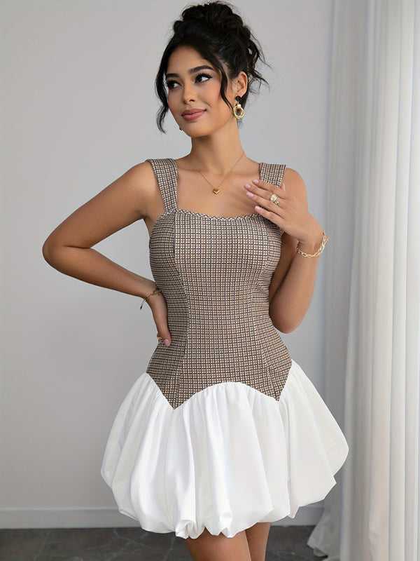 Elegant and modern Houndstooth Slim Bubble Dress from FashionFitz, featuring a sleeveless plaid top and flouncy white mini skirt for versatile styling.