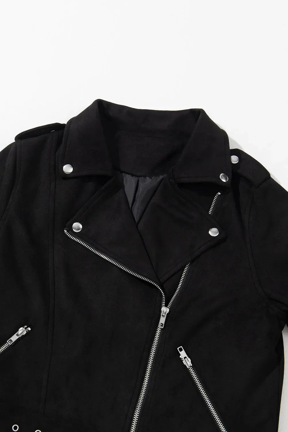 Black Asymmetric Zipper Belted Hem Jacket - Fashionfitz