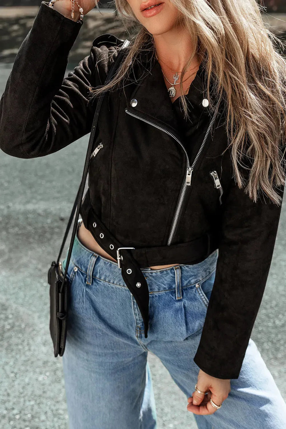 Black Asymmetric Zipper Belted Hem Jacket - Fashionfitz