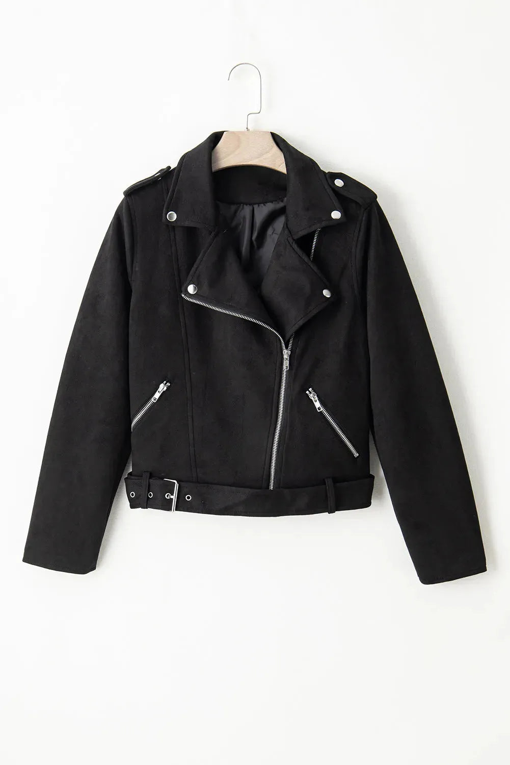 Black Asymmetric Zipper Belted Hem Jacket - Fashionfitz