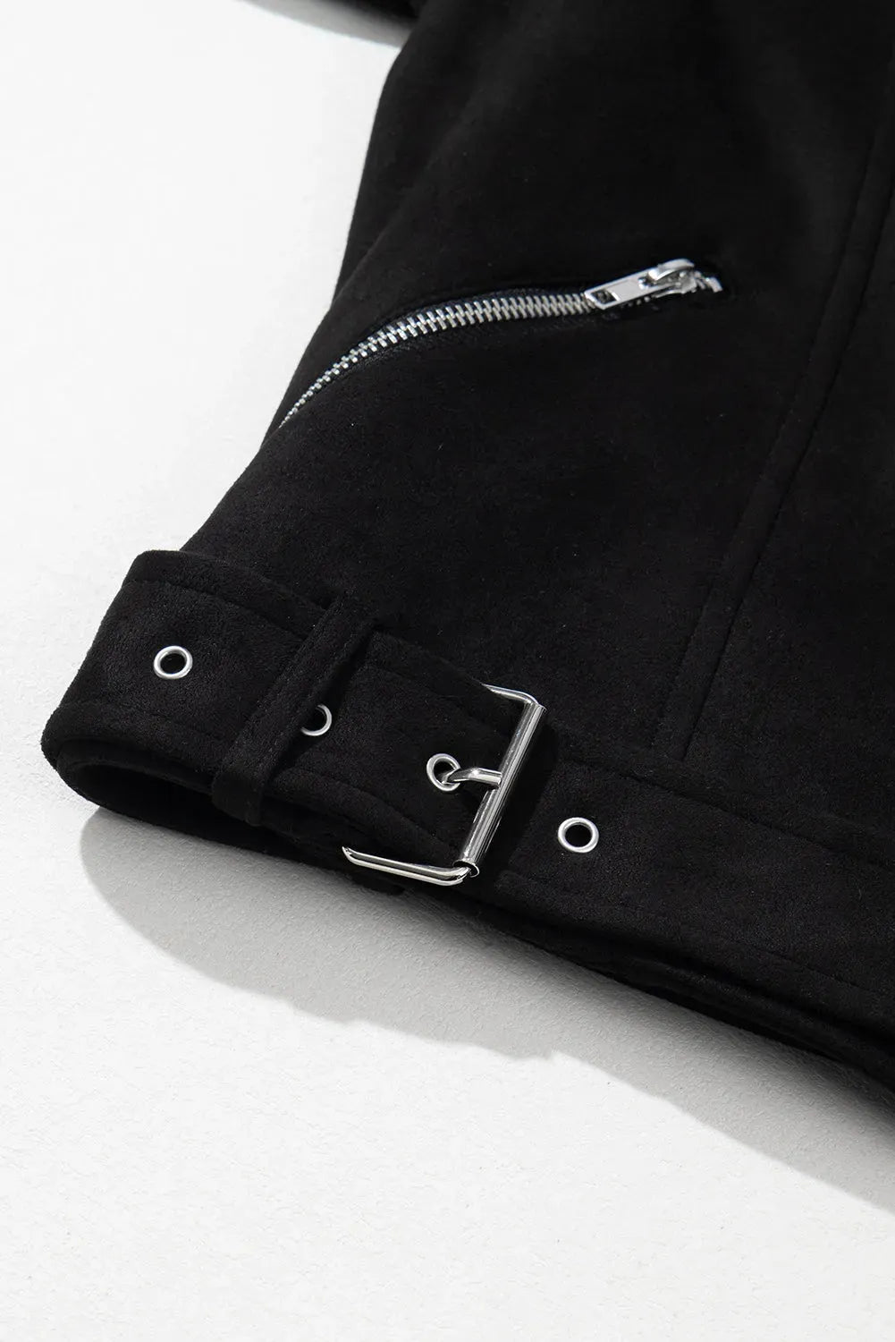 Black Asymmetric Zipper Belted Hem Jacket - Fashionfitz