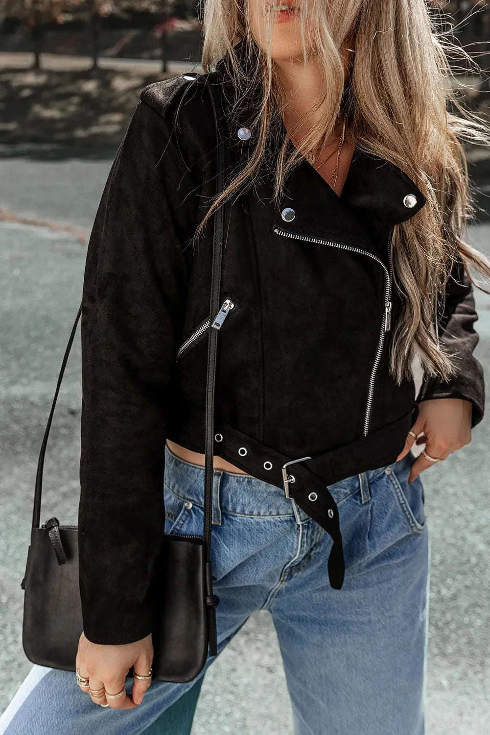 Black Asymmetric Zipper Belted Hem Jacket - Fashionfitz