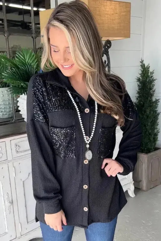 Black Sequin Patch Chest Pocket Corded Shacket - Fashionfitz