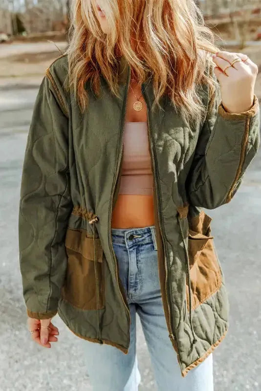 Green Stitching Quilted Drawstring Jacket - Fashionfitz