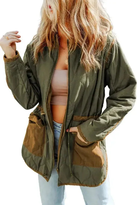 Green Stitching Quilted Drawstring Jacket - Fashionfitz