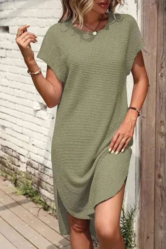 Jungle Green Waffle Texture Curved Hem Side Slit T-shirt Dress - Fashionfitz