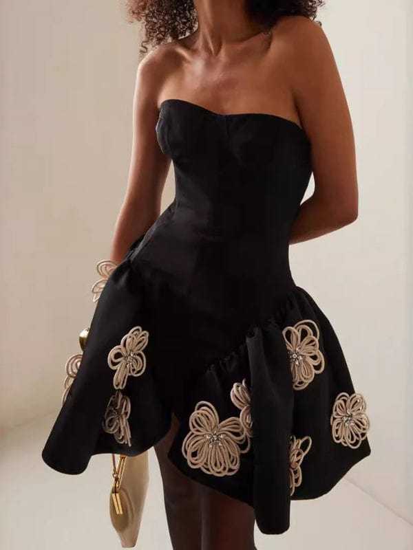 Party Dresses Black / XS Black Floral Bandage Dress with Tutu Tutu