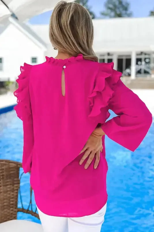 Keyhole-Back Pleated Ruffle Trim Blouse - Fashionfitz