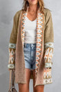 Khaki Aztec Knit Duster Cardigan styled with white top and denim shorts, featuring bold Aztec patterns on sleeves and trim.