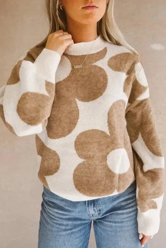 Khaki Big Flower Pattern Drop Shoulder Sweater - Fashionfitz
