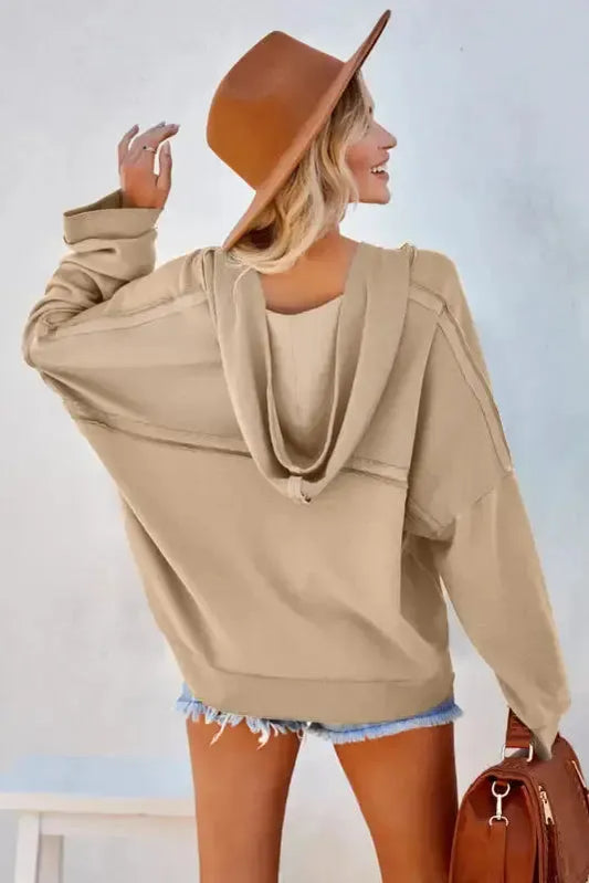 Khaki Casual Button Solid Patchwork Trim Hoodie - Fashionfitz