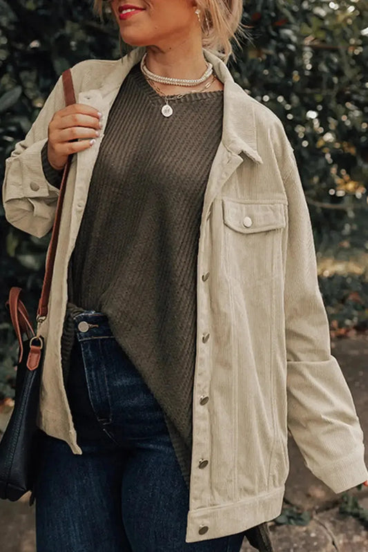 Khaki Plus Size Crochet Pattern Back Corduroy Jacket - Fashionfitz