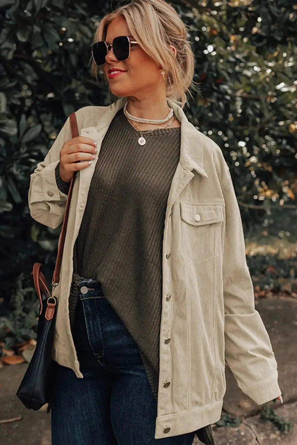 Khaki Plus Size Crochet Pattern Back Corduroy Jacket - Fashionfitz