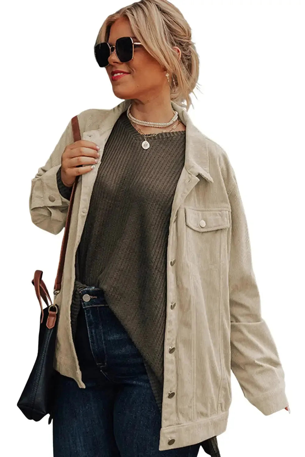 Khaki Plus Size Crochet Pattern Back Corduroy Jacket - Fashionfitz