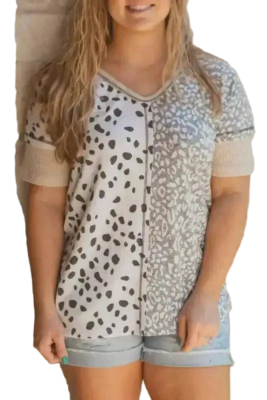 Khaki Plus Size Leopard Print Colorblock V Neck T Shirt with short sleeves and casual fit, styled with denim shorts for summer wear.