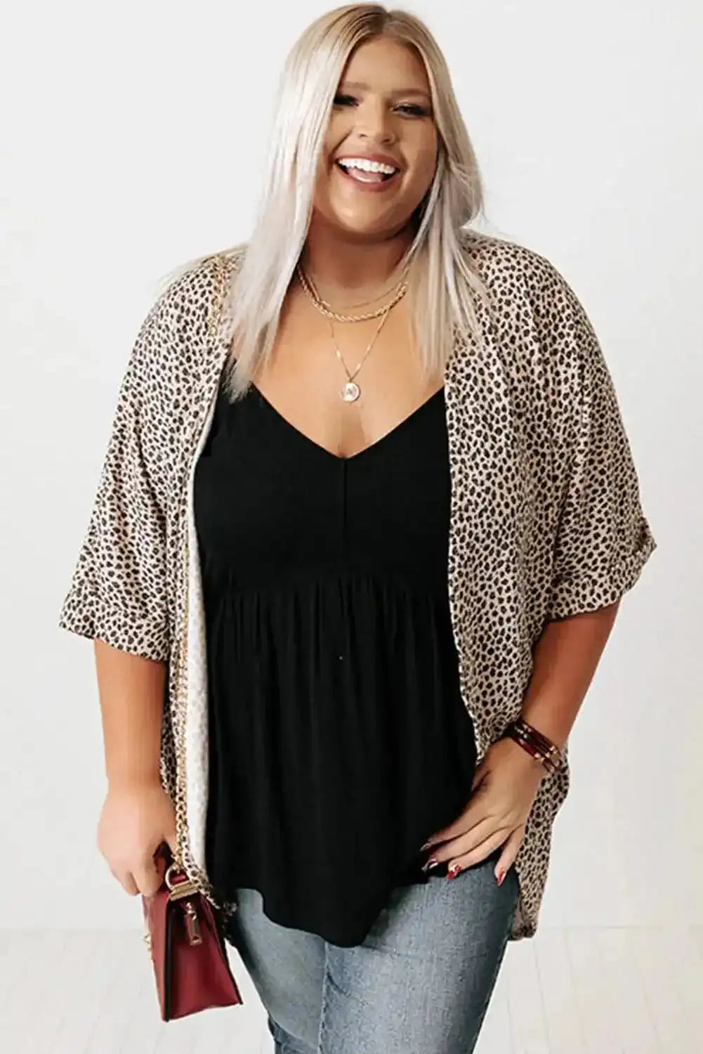 Khaki Leopard Print Cardigan - Plus Size styled over a black top and jeans, perfect for casual summer fashion from FashionFitz.