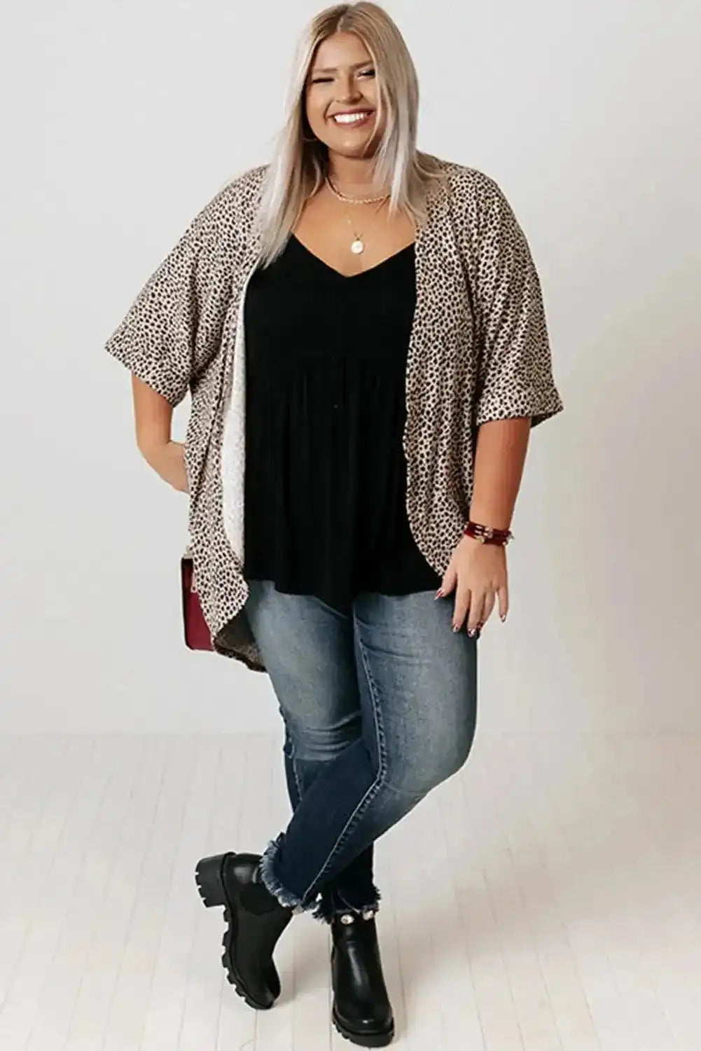 Khaki Leopard Print Cardigan - Plus Size Cardigans | FashionFitz styled with black top and jeans, featuring a relaxed fit and short sleeves.
