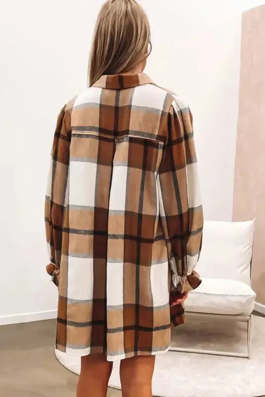 Khaki Plus Size Plaid Flounce Sleeve Button up Shirt Dress - Fashionfitz