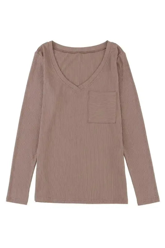 Khaki Ribbed Knit Patched Chest Pocket V Neck Top - Fashionfitz