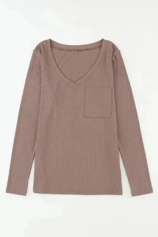 Khaki Ribbed Knit Patched Chest Pocket V Neck Top - Fashionfitz