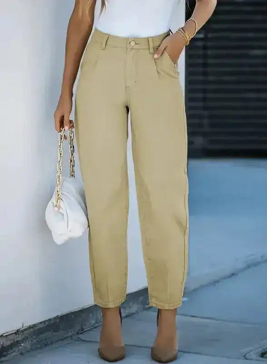 Khaki Solid High Waist Casual Pants - Fashionfitz