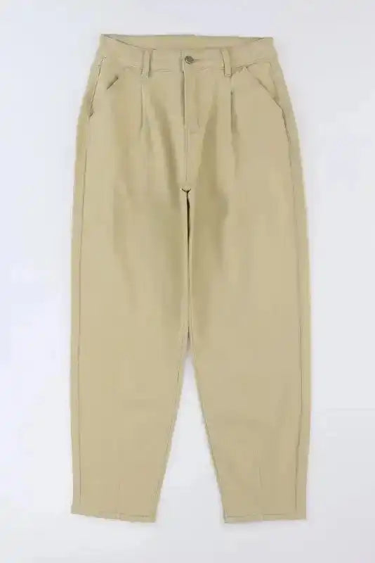 Khaki Solid High Waist Casual Pants - Fashionfitz