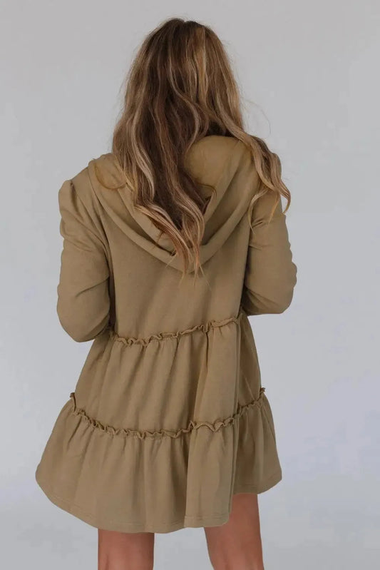 Khaki Tiered Ruffled Zip-Up Drawstring Hooded Jacket - Fashionfitz