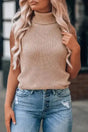 Knit Tank Top - Oatmeal Solid Color Turtleneck - Fashionfitz