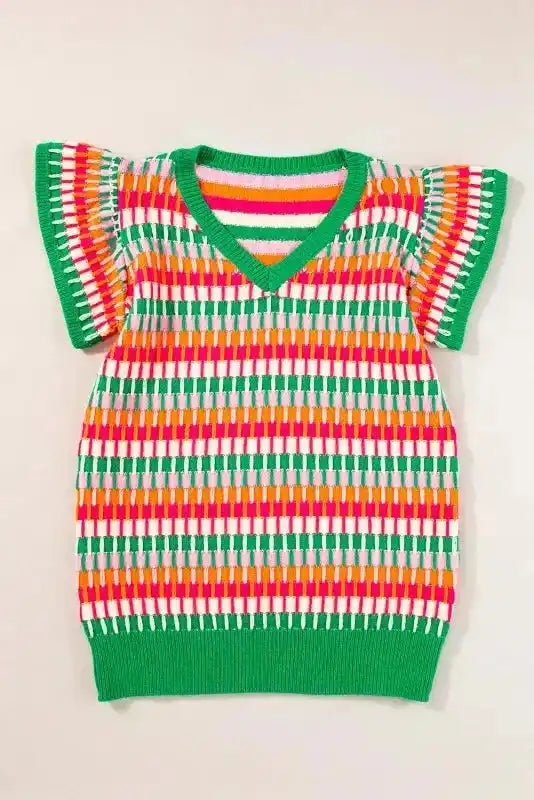 Knitted Sweater Top - Green Multi Flutter Sleeve - Fashionfitz